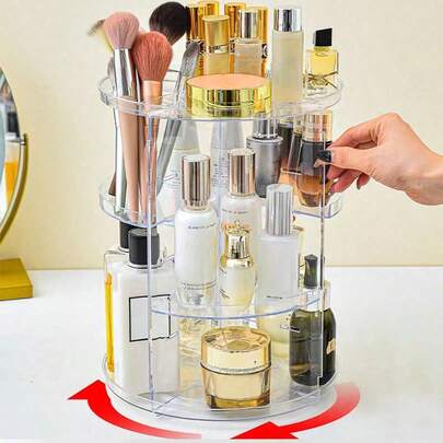 旋转 360° 亚克力化妆品收纳展示架，桌面化妆品收纳盒口红和护肤品架，适用于假日海滩、浴室收藏、卧室收藏，大容量