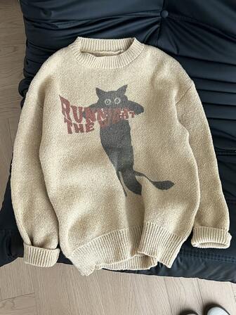 Women's Winter Cute Cat And Slogan Graphic Long Sleeve Crew Neck Pullover Camel Sweater, Casual Loose Versatile Knitted Top, Fashionable Winter Women's Clothing, Suitable For Daily Wear