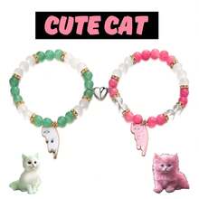New Creative Two-Pack Heart Magnetic Clasp Lazy Cat Pendant Beaded Bracelet Fashion Couple Bracelet - #4黃黑 - 查看 3