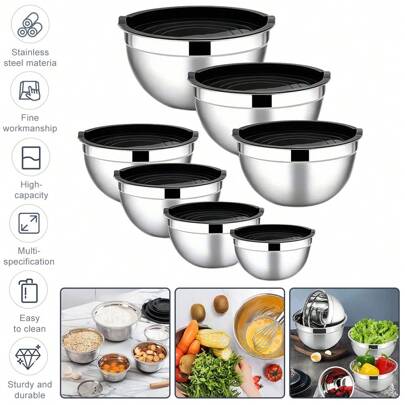 14pcs (7pcs Mixing Bowl + 7pcs Lid)Stainless Steel Mixing Bowl Set With Airtight Lids - Rust-Proof, Perfect For Baking, Cooking & Food Prep - Sizes 0.5QT To 4QT,Christmas Halloween Gift