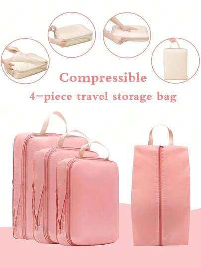 4 件套压缩储物袋、压缩打包袋、旅行行李收纳袋、旅行必需品、鞋带、行李打包收纳袋、可压缩、可扩展存储、大容量、节省空间、适合旅行、旅行配件、旅行必需品、假日必需品