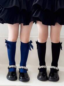 2 Paar Kinder Einfarbige Spitze Schleife Kniestrümpfe, geeignet für 1-12 Jahre alt, weiß, schwarz, navy, passend für den Schulanfang