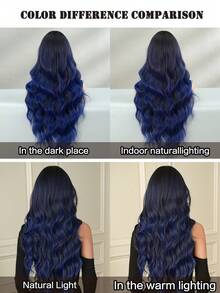 7JHH WIGS Gorgeous 28-Inch Extra Long Wavy Marine Blue Ombre Wig For Women, Fluffy Wave Curly Wigs With Curtain Bangs Dark Roots, Synthetic Fiber Hair Full Machine Hair Dark Blue Wigs For Daily & Music Festival Party Wear, Halloween Cosplay Costume Use All-Match Fashion Accessories - 藏蓝色 - 查看 7