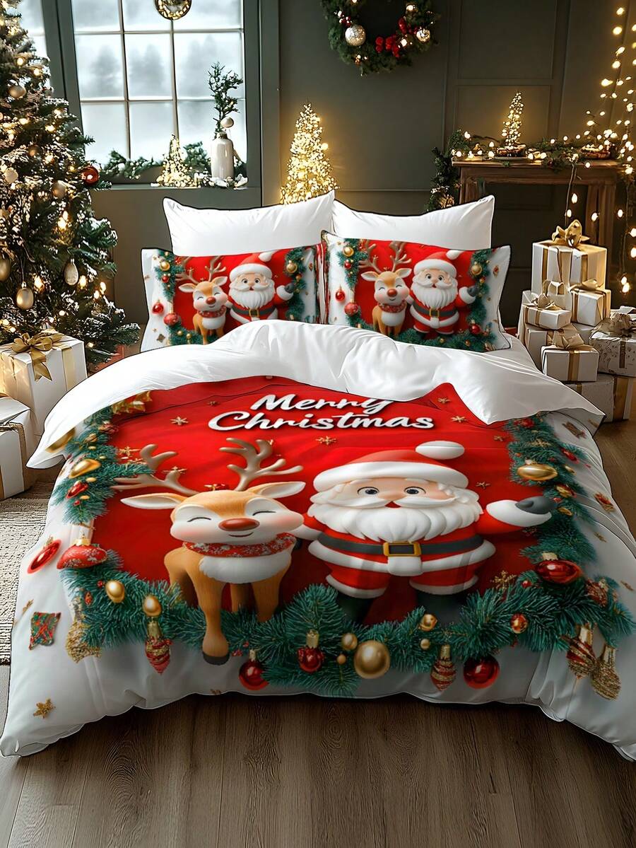 2/3pcs Christmas Bedding Set, Soft & Comfortable Duvet Cover Set With Digital Printing Of Santa Claus, Sleigh, Snowman, Bell, Reindeer, Pine Tree, Suitable For Bedroom, Guest Room, Dorm, Hotel - Multicolor - View 1