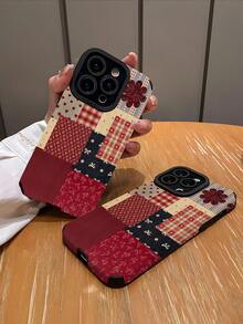 WeiMi 1pc Fashionable Retro Cute Plaid Floral Patchwork Vertical Faux Leather Texture Protective Soft Phone Case Compatible With Iphone And 16/16PLUS/16PRO/16PROMAX - Multicolor - View 2