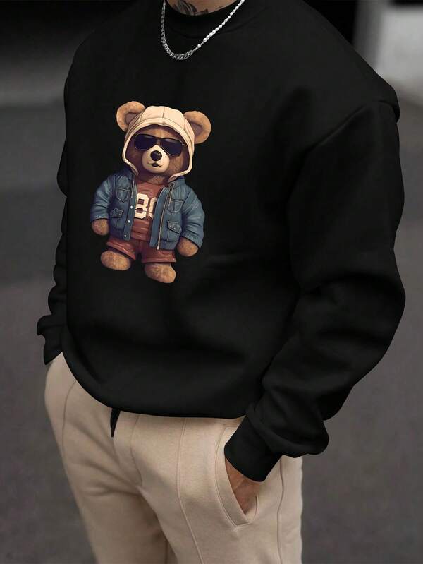 Men's Fashion Creative Bear Print Graphic Loose Fit Casual Pullover Sweatshirt, Versatile For Sports, Commute And Daily Wear, Fall, Long Sleeve Top