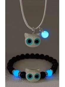 A Set Of Cute Glow-In-The-Dark Cat Bead Bracelet And Necklace, Perfect For Daily Wear, Couples, Parties, And As Gifts For Anniversaries And Holidays Cute Acrylic Black White Cat Couple Bracelet Necklace Glow In The Dark Bead Bracelets For Women Men Girls Boys Cute Big Eye Cat Luminous Bracelets