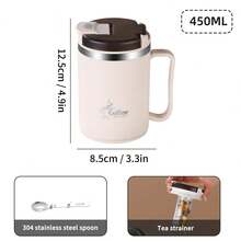 1个450/500毫升304不锈钢咖啡杯，带茶漏和折叠勺，双层保温，可盛装奶茶、咖啡、水，带手柄和盖子，防烫防漏，冷热水皆宜，适合学生和成人居家、学校、宿舍、办公室、户外露营、野餐、旅行、返校等场合使用。 - 彩色 - 查看 17