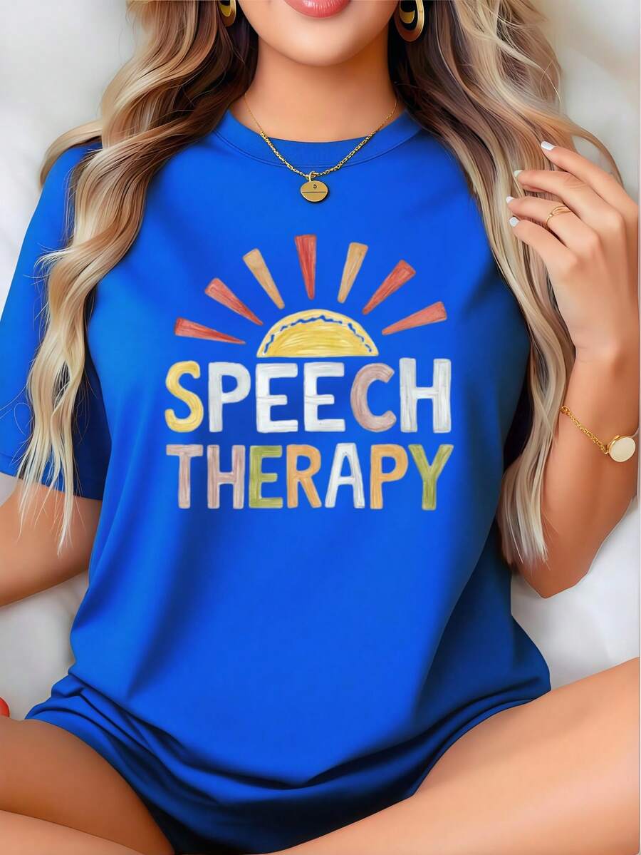 Speech Therapy Tee For Woman , Women's 220gsm New Summer Casual Crew Neck Pure Cotton Short-Sleeved T-Shirt(1 PC) - 藍色 - 查看 1
