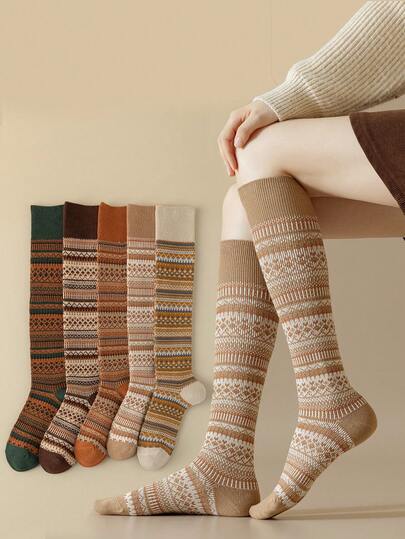 1 Pair/2 Pairs/5 Pairs Women Over-The-Knee Socks, Multi-Color Double Needle Double Track Thigh High Socks, Fashionable Versatile Retro Style Leg Warmers, Autumn/Winter