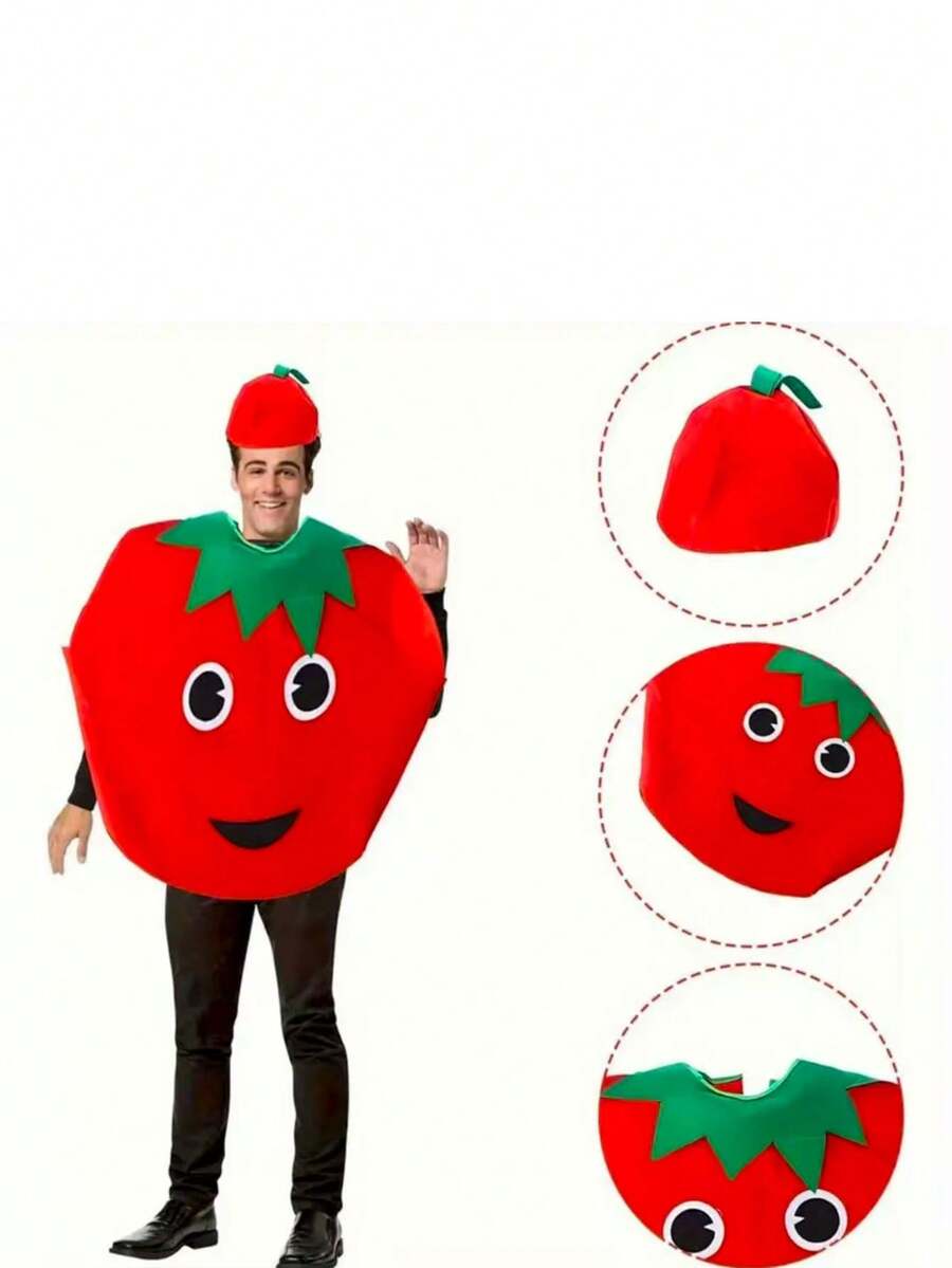 2件套趣味番茄服装套装（含头饰） - 男女通用成人水果妆容套装，轻盈透气面料，是各种节日、派对、角色扮演和主题活动的必备单品，充满乐趣 - 紅色 - 查看 1