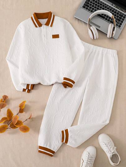 2pcs/Set Boys' Polo Shirt & Pants, Letter Jacquard Soft Knit Long Sleeve Top, Casual Comfortable Sweatpants, Fashion Minimalist Outfit For Older Boys, Spring/Autumn