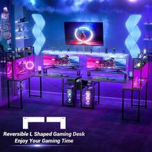 Mesa de juego pequeña en forma de L con toma de corriente, mesa en forma de L con soporte para monitor y estante de almacenamiento, mesa de juego - Tipo de Enchufe A USA (110-127V) - Ver 9