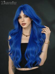 7JHH WIGS Gorgeous 28-Inch Extra Long Wavy Dark Blue Wig For Women, Fluffy Wave Curly Wigs With Curtain Bangs, Synthetic Fiber Hair Full Machine Wigs For Music Festival Party Wear, Halloween Cosplay Costume Use All-Match Fashion Accessories - 藍色 - 查看 5