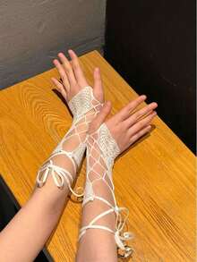 1 Pair Women Elastic Crossed Solid Color Fishnet Bandage Short Sleeves Gloves With Exposed Fingers For Party Outfit Halloweeny2k Valentine's Day Valentines - 黑色 - 查看 7