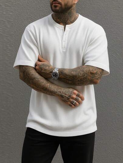 Men's White Henley Shirt - Minimalist Front Button Collar Design, Suitable For All Seasons, Daily And Formal Occasions, Gym, Office Wear, Gift Choice, Machine Washable Casual Top, Versatile Apparel, Modern Style, Opaque Fabric, Classic Appearance, Easy Care, Short Sleeve T-Shirt, Adult Clothing