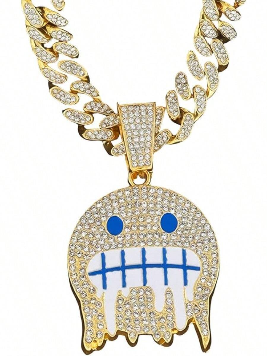 Men's Shiny Cuban Chain Necklace, Miami Style Silver Plated Gold Plated Shiny Necklace, Hop Necklace - 藍色-微笑金色 - 查看 1