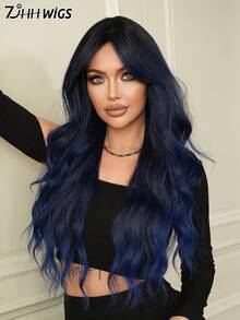 7JHH WIGS Gorgeous 28-Inch Extra Long Wavy Marine Blue Ombre Wig For Women, Fluffy Wave Curly Wigs With Curtain Bangs Dark Roots, Synthetic Fiber Hair Full Machine Hair Dark Blue Wigs For Daily & Music Festival Party Wear, Halloween Cosplay Costume Use All-Match Fashion Accessories - 藏蓝色 - 查看 4