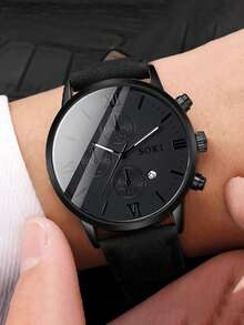 1 reloj de hombre, con función de calendario, esfera redonda de moda con movimiento de cuarzo, correa de PU, adecuado para uso diario, regalo de cumpleaños, fiesta, reunión festiva, regalo ideal para ti o tus amigos. No incluye caja de embalaje. - Negro - Ver 3