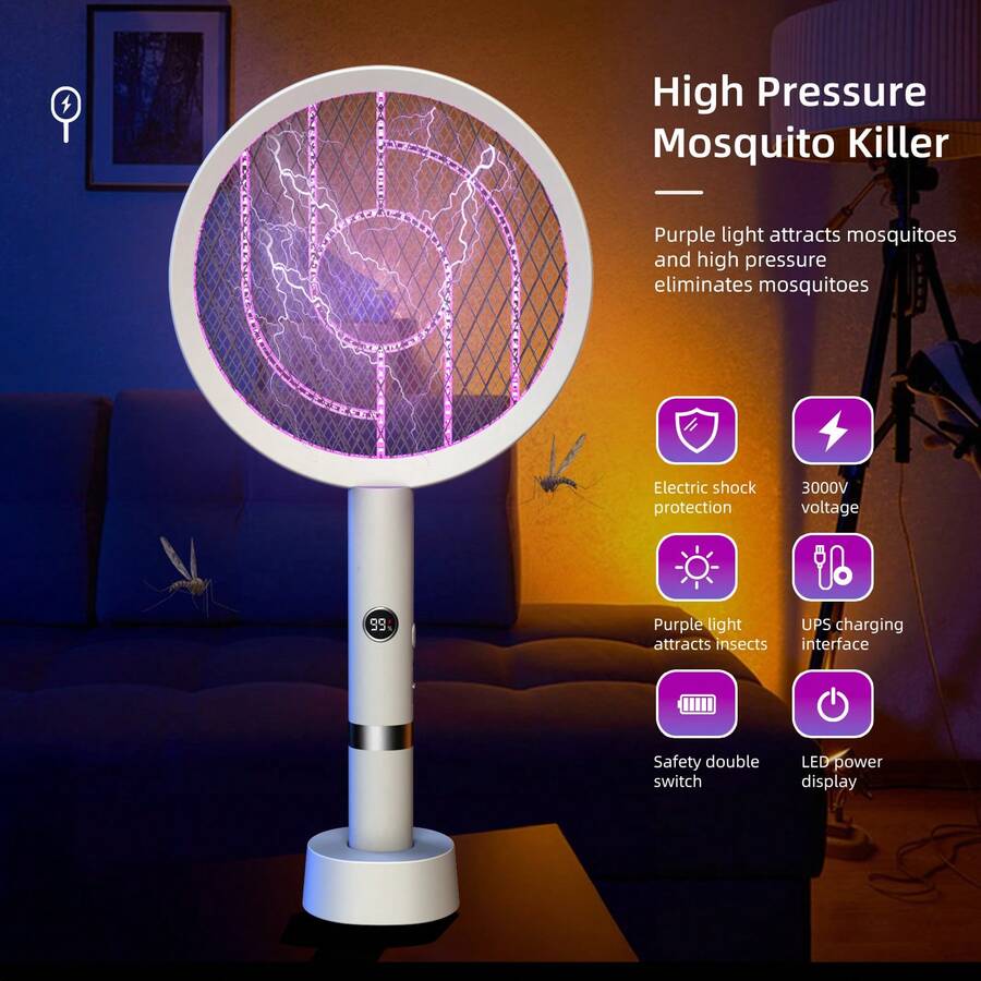 Raqueta Mosquitos 2 en 1, 3000 V Mata Mosquito Eléctrico Recargable USB, Trampa UV Plegable para Mosquitos, Portátil Atrapamoscas Fuerte para Cocina Jardín Terraza Dormitorio - Blanco - Ver 1