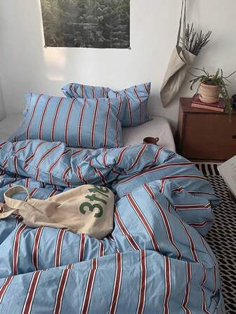 3 件套 100% 纯棉复古简约条纹床上用品套装，2 个枕套 + 1 个羽绒被套，适用于卧室装饰