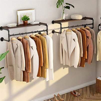 UNHO Barra de ropa montada en la pared con estante: Perchero de ropa de tubo industrial de 39.3" Perchero de pared para ahorrar espacio Barra colgante de ropa para almacenamiento en el armario Color negro