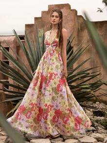 Faeriesty BohoBloom Women's Bohemian Style Backless Spaghetti Strap Maxi Dress, Adjustable Tie-Back, A-Line Silhouette - Ideal For Beach Vacation, Casual City Outings, Park Strolls, Hangouts With Friends, And Music Festivals. - Pink - View 4