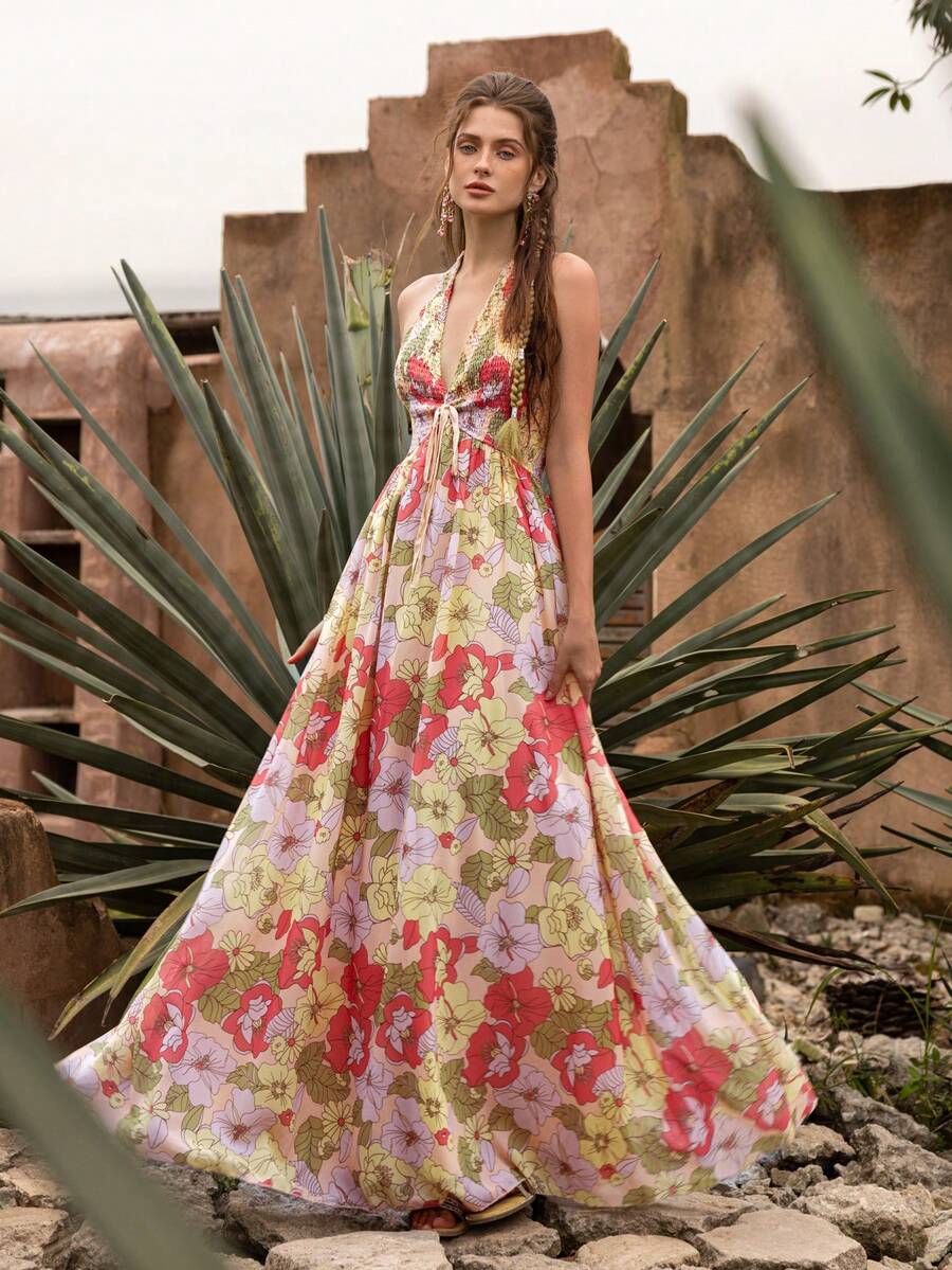 Faeriesty BohoBloom 女士波西米亚风露背吊带长裙，可调节系带后背，A字廓形——是海滩度假、休闲城市出行、公园漫步、朋友聚会和音乐节的理想之选。粉色优雅派对 - 粉色 - 查看 1