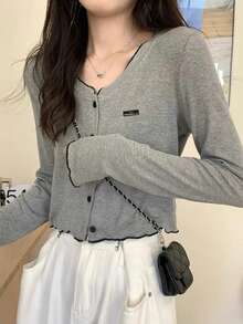 撞色荷叶边短款针织开衫女式上衣 - 灰色 - 查看 2