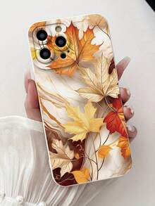 1pc Perforated Straight Edge White Shell Maple Leaf Marble Painted Thick Anti-Drop Painted Phone Case Compatible With IPhone 16/11/16pro/16plus/16promax/16e/15Promax/13/14/12/XS/XR/7G/8P, Compatible With Samsung Galaxy, Compatible With Xiaomi Redmi Anti-Drop Phone Protective Case