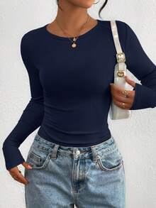 PRETTYGARDEN Women Spring And Fall Long Sleeve Shirts Clothes Cute Going Out Tops Ribbed Tight Fitted Plain Basic Tee Tshirts Vacation Outfits For Women - 海軍藍色 - 查看 4