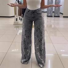 Women's Hollow Floral Slim High Waist Straight Tube Street Wide Leg Jeans - 白色 - 查看 2