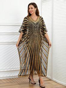 JINLICX Luxurious Beaded V-Neck Long Robe Women's Evening Gown Party Dress, Formal Banquet Caftan - Gold - View 1