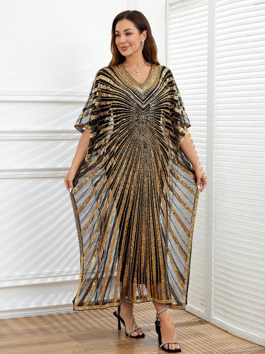 JINLICX Luxurious Beaded V-Neck Long Robe Women's Evening Gown Party Dress, Formal Banquet Caftan - Gold - View 1