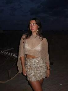 音乐节亮片设计低腰百搭闪亮迷你裙，适合女士，优雅女士串珠裙 - 卡其色 - 查看 7