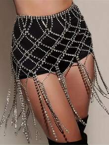 Sexy Luxury Hollow Mesh Multi-Layer Tassel Crystal Body Chain Waist Chain, Glamorous Party Evening Dress Shiny Accessory For Women - Bạc - Xem 1