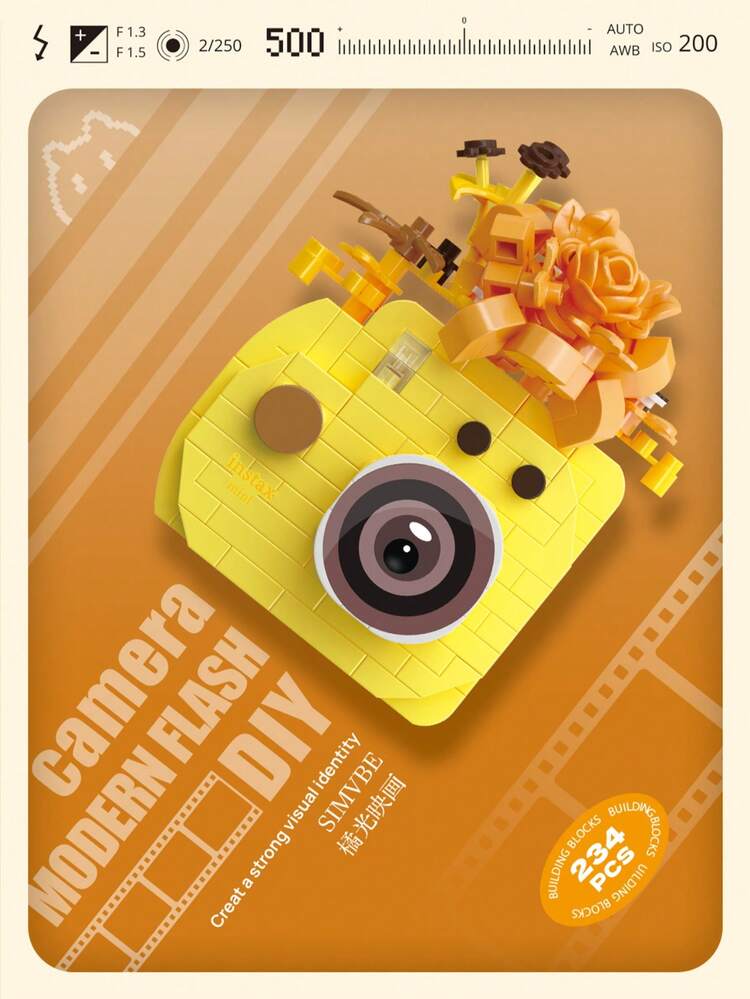 Rompecabezas 3D de cámara y flores - Bloques de construcción de partículas micro, juguete de plástico adecuado para niños, se puede usar para decoración del hogar y adornos de escritorio, regalo para cumpleaños/Halloween/Acción de Gracias/Navidad/Año Nuevo - Multicolor - Añade 12