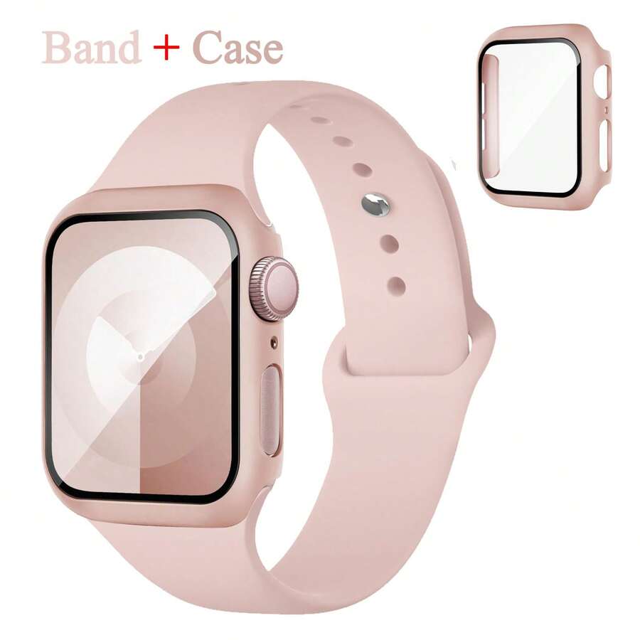 2Pcs Set Hard PC Bumper Case With Screen Protector, Scratch Resistant Protective Frame Edge And Pink Sand Sport Silicone Band Compatible With Apple Watch Band 40mm 38mm 41mm 42mm 44mm 45mm 46mm 49mm Women Men,Soft Wristband Waterproof Replacement Sport Strap Compatible With Apple Watch Band Series Ultra 11 10 9 8 7 6 5 4 3 2 1 SE