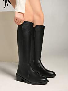 2025年秋冬新款女式及膝马靴，低跟，修腿，百搭，棕色和黑色，过膝靴 - 黑色 - 查看 3