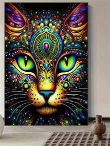 5D 钻石画套装 - 动物主题墙艺 - 猫咪马赛克 DIY 工艺品 - 圆形钻石刺绣套装，适用于家居和办公室装饰 - 无框 - 彩色 - 查看 3