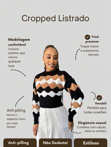 Striped Cropped Top Knitted Modal Office Daily Home Travel - Black With New Beige - View 2