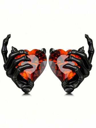 1 对复古暗黑幽灵手形水钻耳钉，时尚百搭女士耳环