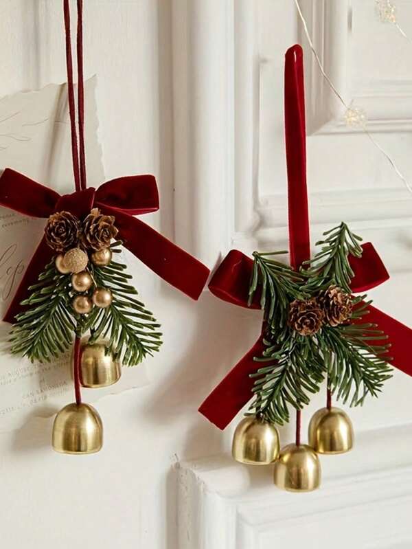 1pc Christmas Tree Ornament With Velvet Bow And Jingling Bell - Holiday Pine Cone Decor, No Power Needed, Ideal For Holiday Home And Party Decoration, Christmas And New Year Decor, Holiday Party, Christmas Party, Scene Decor, Holiday Decoration, Party Favor, Home Decor, Fun Christmas Party Decoration, Happy New Year, Christmas Gift, Christmas Holiday Ornament