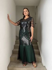 JINLICX Elegant Party Dress, Fitted Mesh Sequin Gown, Formal Evening Dress - Green - View 1