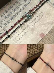 1pc Simple Black Bead Bracelet With Natural Style Black Unisex Bracelet Suitable For Parties, Gatherings, Outdoor Activities - 紅色 - 查看 2