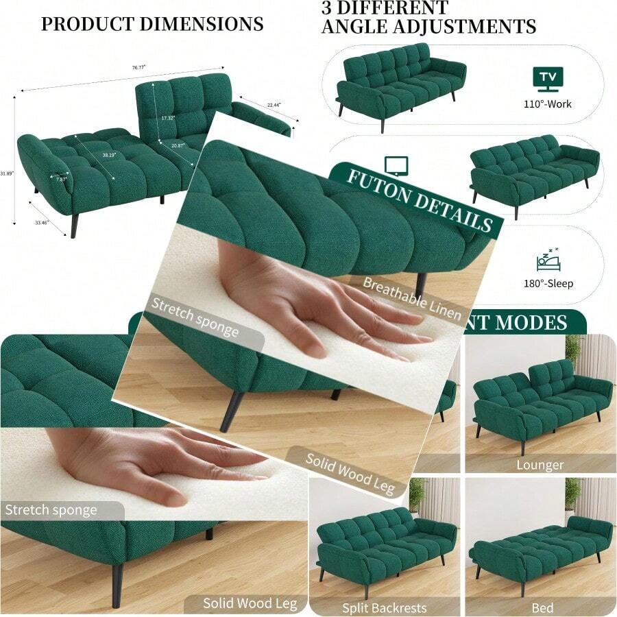Futon Sofa Bed Convertible Modern Linen Futon Couch Comfy Sleeper Sofa With Adjustable Backrests Couch Bed For Small Spaces Living Room Bedroom Apartment Green