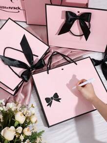 20pcs Mini Horizontal Kraft Paper Gift Bags With Bow Ribbon Handles, Horizontal Paper Gift Bags Suitable For Wedding Bridesmaid Favors, Unisex, Applicable For Birthday, Wedding, Bridesmaid Party Favors, Shopping Retail (Black & Pink)