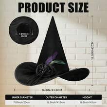 Hatisan 1Pc Witch Hat, Halloween Elegant Hat With Rose & Feathers, Vintage Style Party Headwear, Cosplay Accessories For Halloween Costume Party - 黑色 - 查看 3