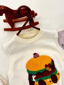 WUHUANG YIYI Baby Girl Cute Cartoon Hamburger Pattern Solid Color Knit Vest Loose Slip-On For Outing, Autumn - Beige - View 3