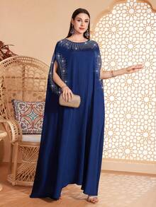 Abaya de Cor Sólida com Punho e Gola Redonda Bordada com Contas e Decorada com Strass, Adequada para Várias Ocasiões como Festivais, Reuniões, Uso Diário, Macia e Confortável para Férias na Primavera - Azul - Visão 6